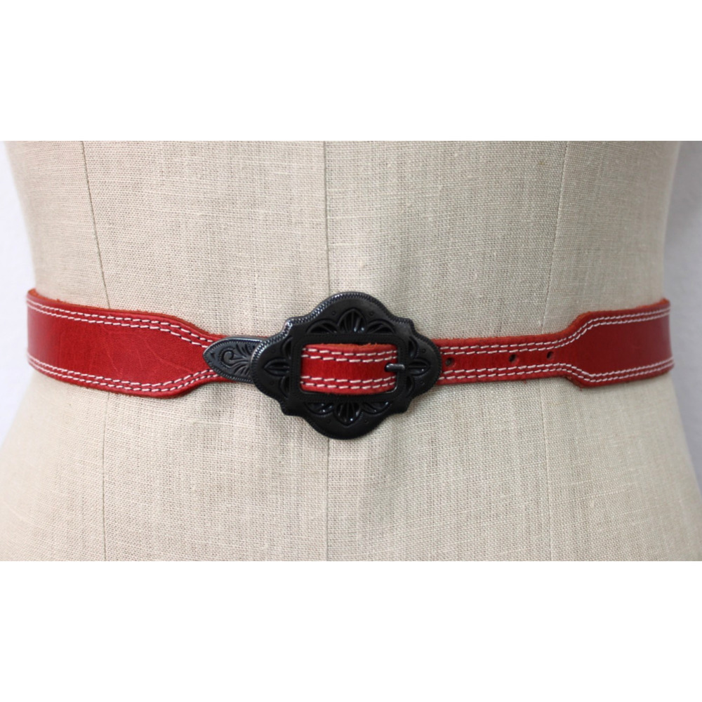 Vintage 80’s Liz Claiborne Stitched Red Leather Belt Western Women's Medium